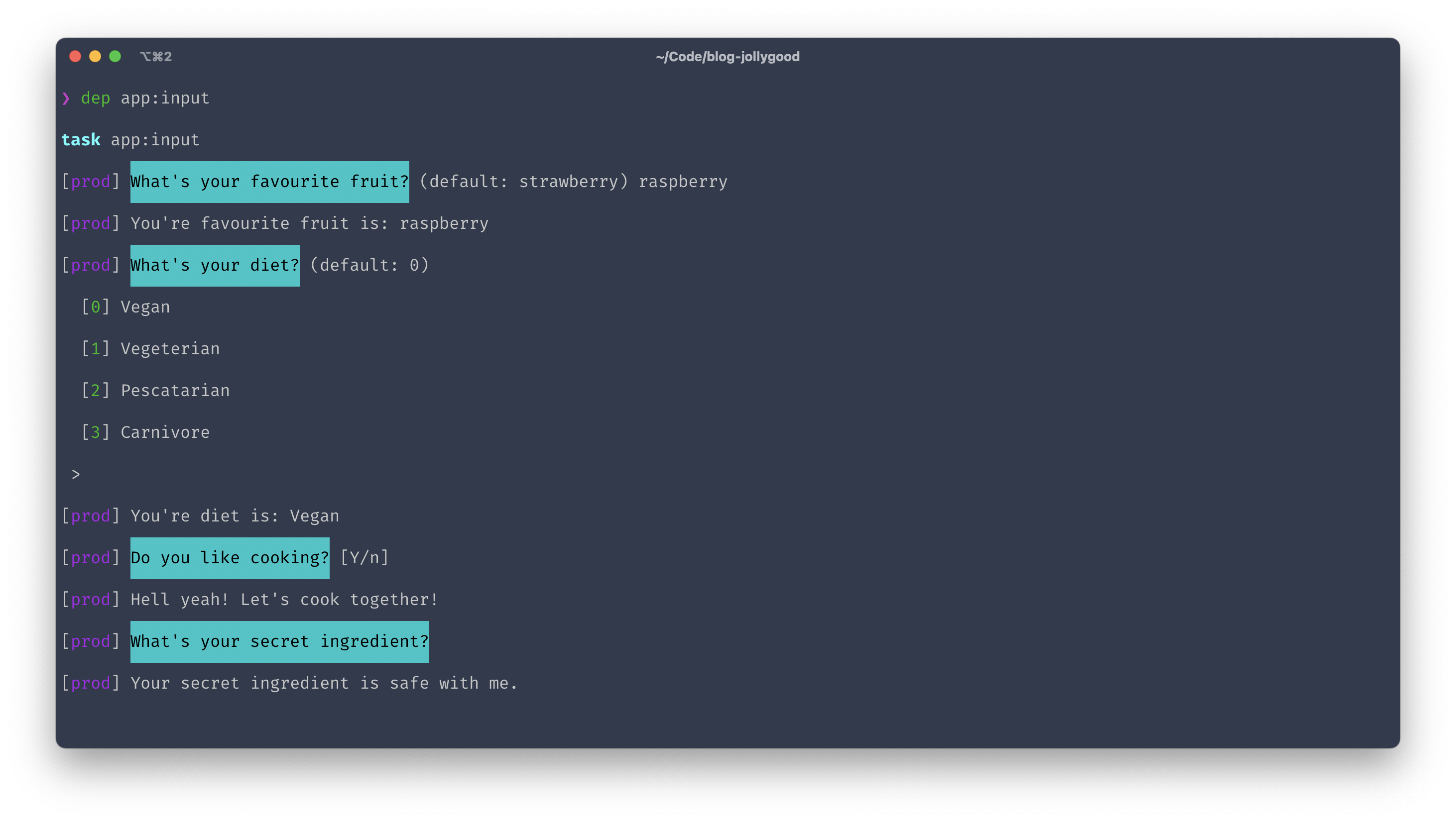 Screenshot of the terminal output of “app:input”.
