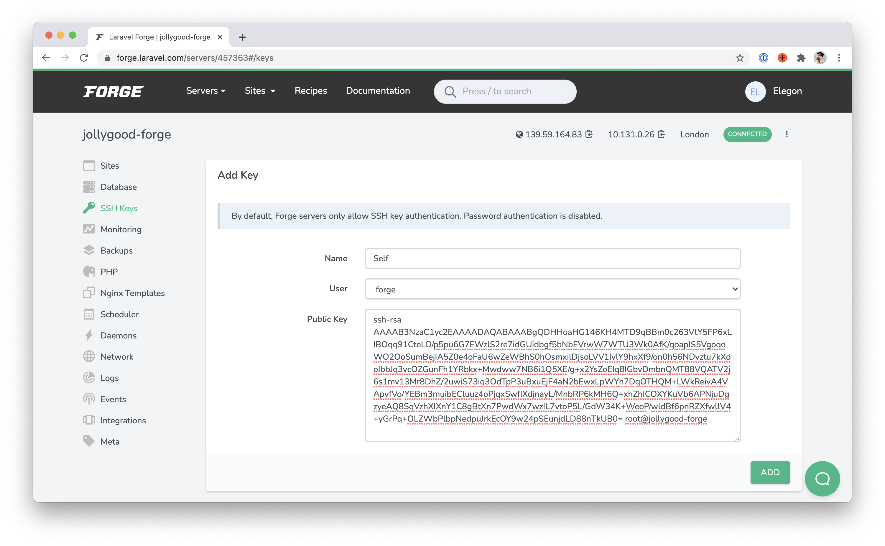 Screenshot of the "SSH Keys" page on Laravel Forge. It shows a form to add a new key where the name is "Self", the user is "forge" and the public key is what was copied from the previous command.