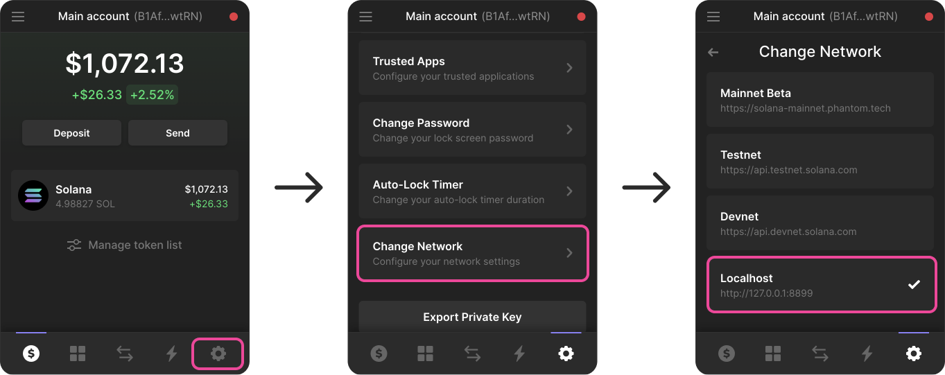 Three screenshots of the Phantom app to show how to change the network.