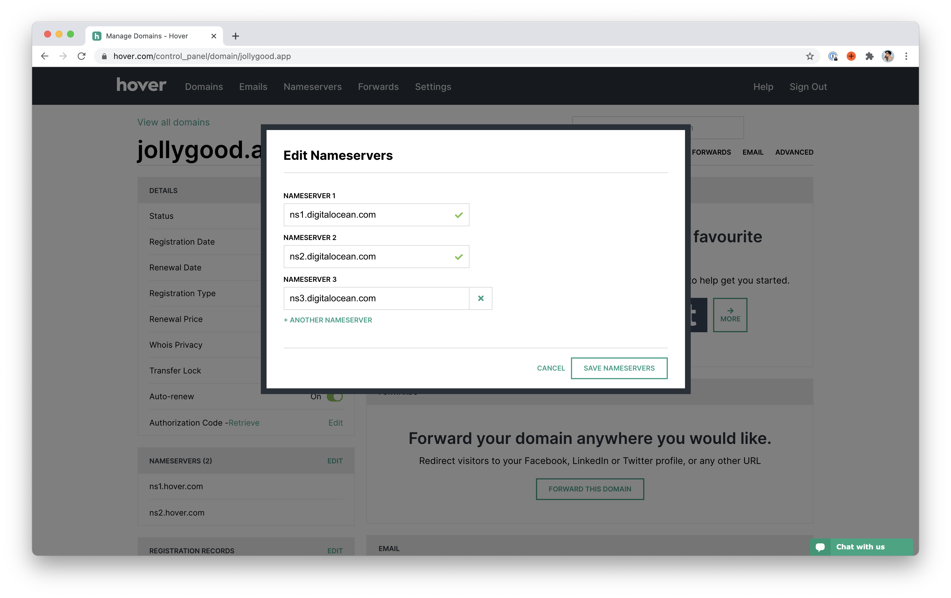 Screenshot of the modal editing nameservers on Hover.