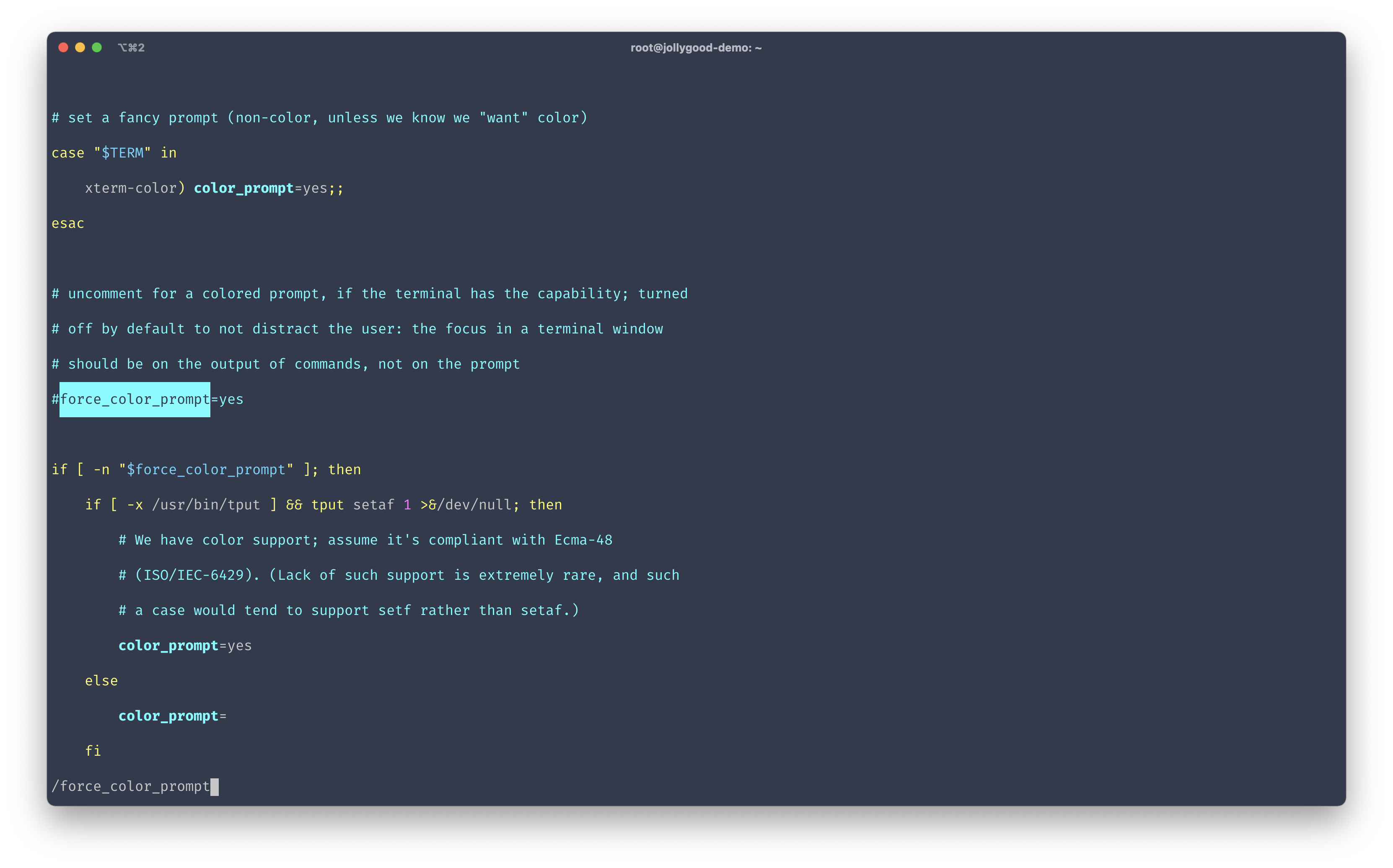 Screenshot of the vim editor in the terminal uncommenting the force_color_prompt=yes line.