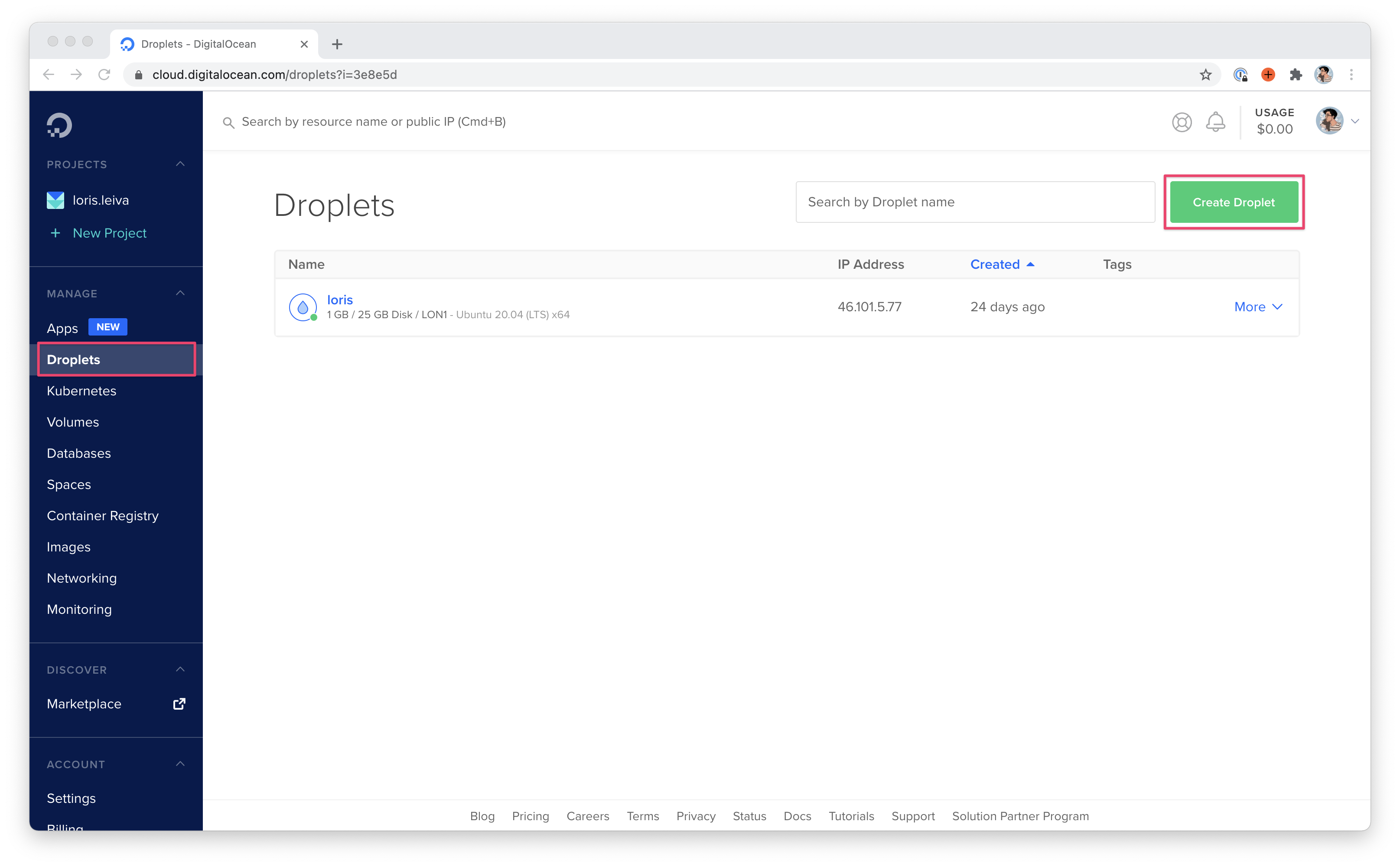 Screenshot of the droplets page on Digital Ocean.
