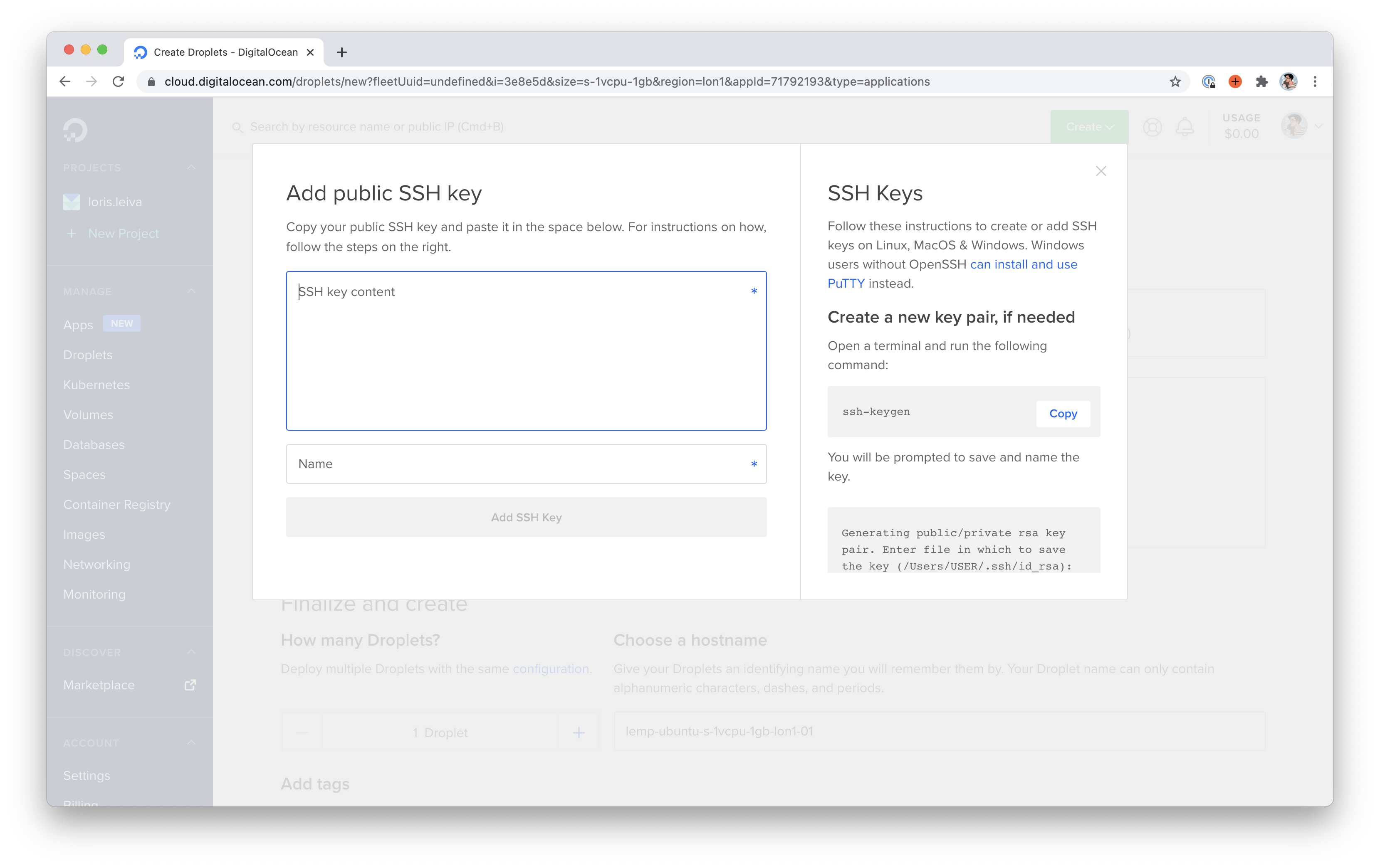 Screenshot of the modal used to create a new SSH key.