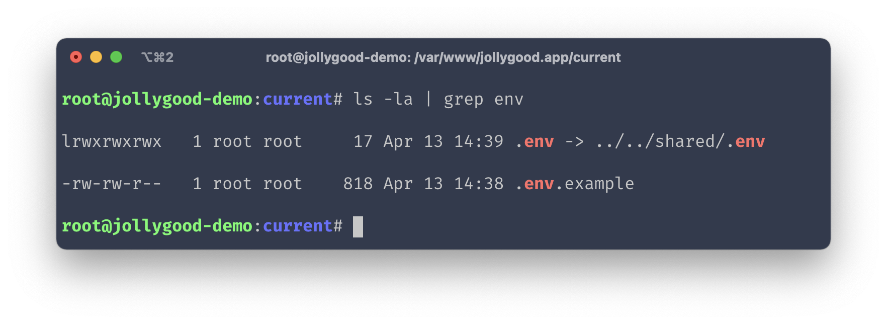Terminal output of the "ls -la | grep env" command on the server. It shows that the ".env" file is a symlink to "../../shared/.env".