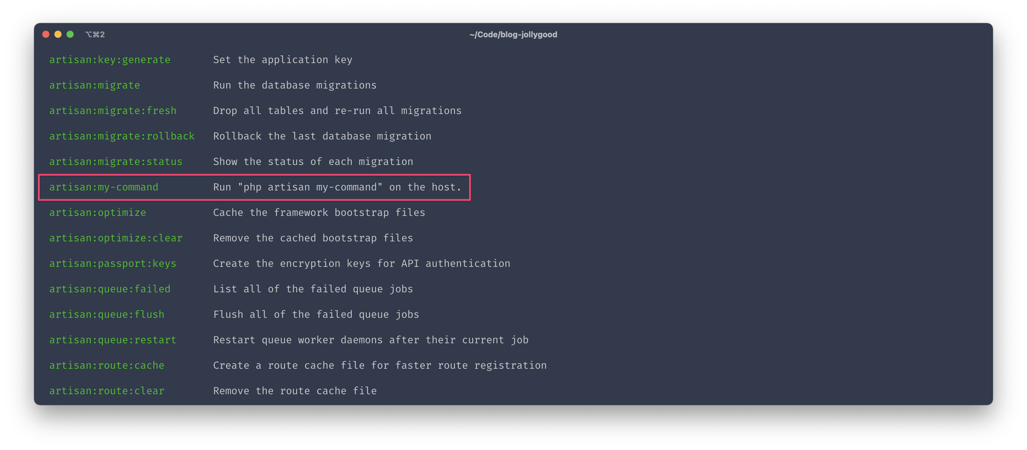 Screenshot of the terminal output of "dep" showing the list of all available tasks including "artisan:my-command".