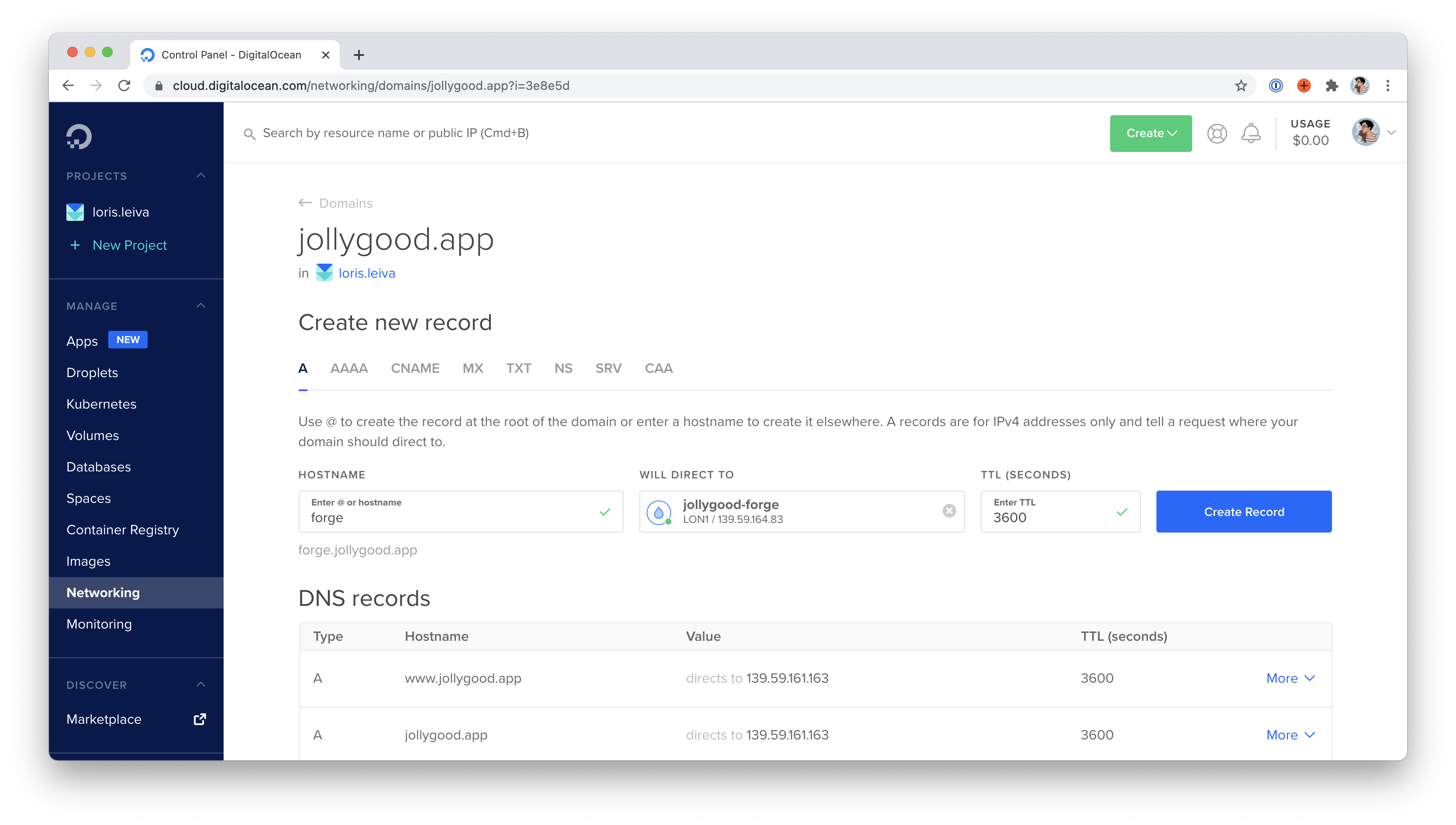 Screenshot of the Digital Ocean &quot;Domains&quot; page. It shows a new record being created with the &quot;forge&quot; subdomain, pointing to the new server we created directly on Forge.