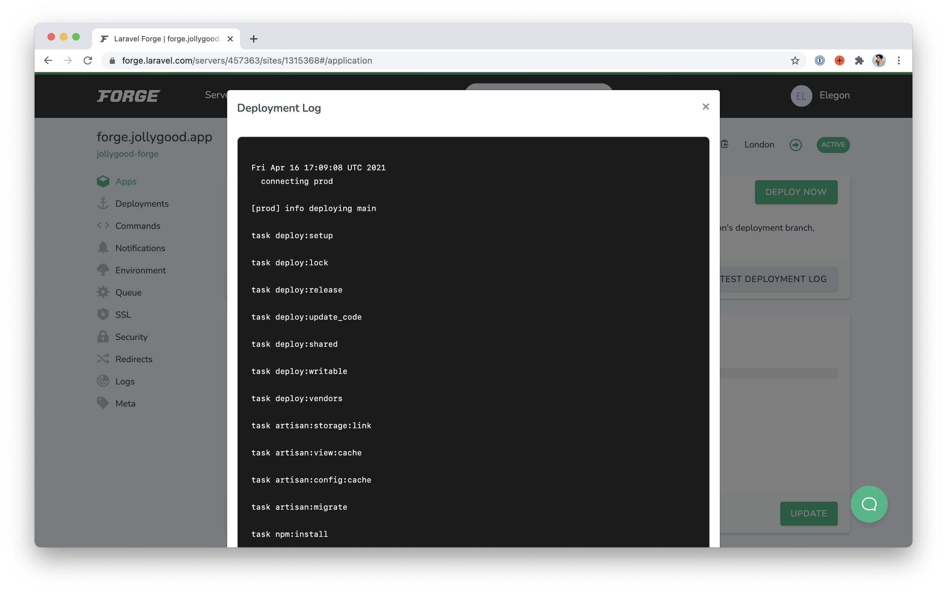 Screenshot of the &quot;Deployment Log&quot; modal showing a successful Deployer deployment.