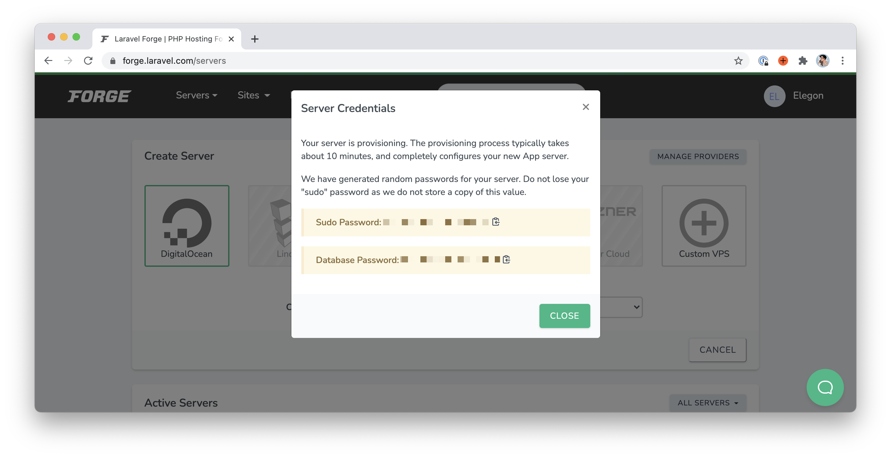 Screenshot of the "Server Credentials" modal on Laravel Forge providing us with our "Sudo Password" and our "Database Password".