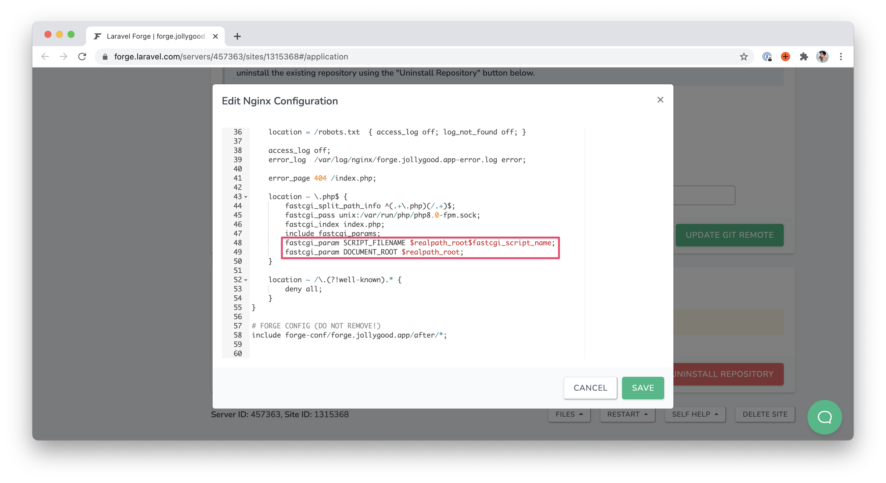 Screenshot of the &quot;Edit Nginx Configuration&quot; modal on Laravel Forge.