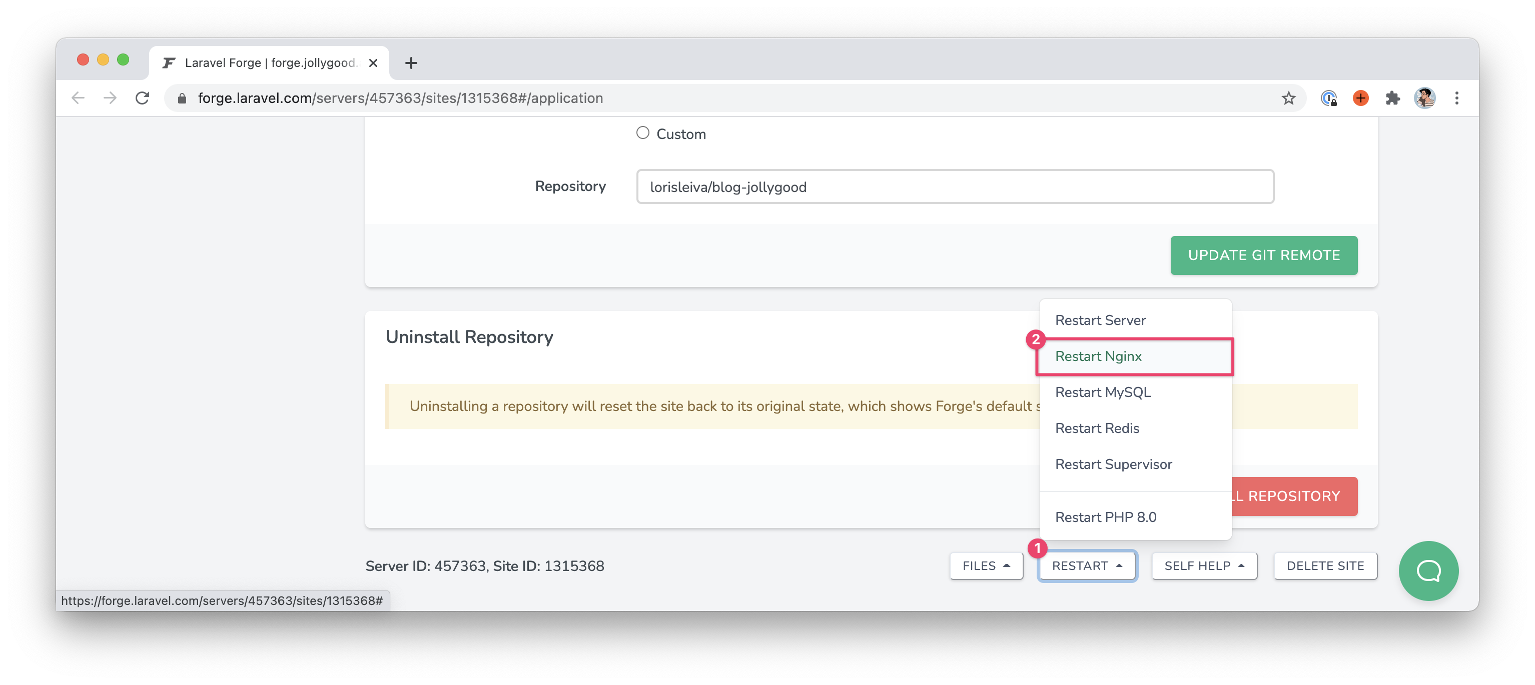 Screenshot showing where the &quot;Restart Nginx&quot; button is on Laravel Forge. At the very end of your server page, click on the &quot;Restart&quot; button which will open a dropdown containing the &quot;Restart Nginx&quot; button.