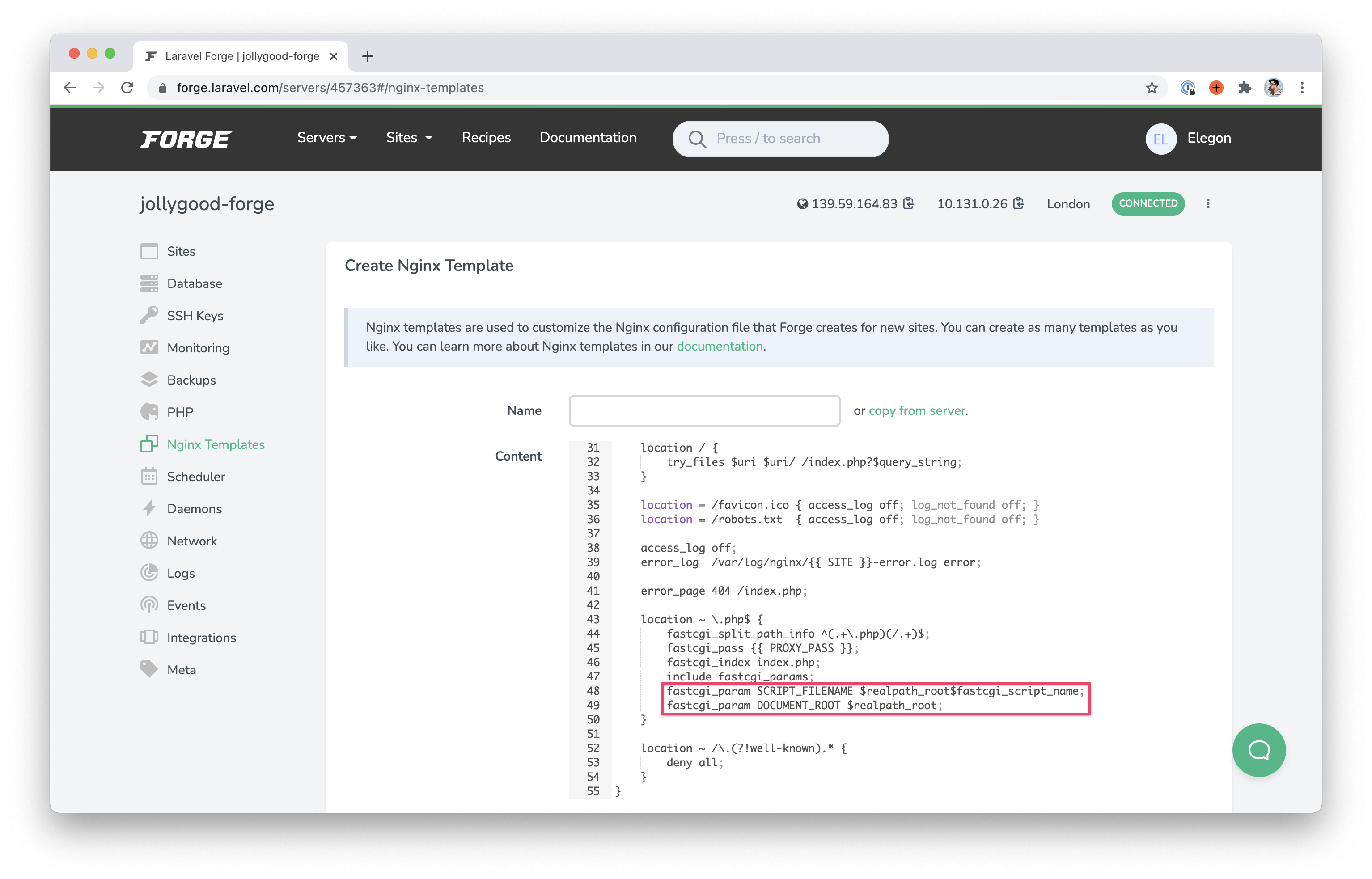 Screenshot of the "Create Nginx Template" page on Laravel Forge.