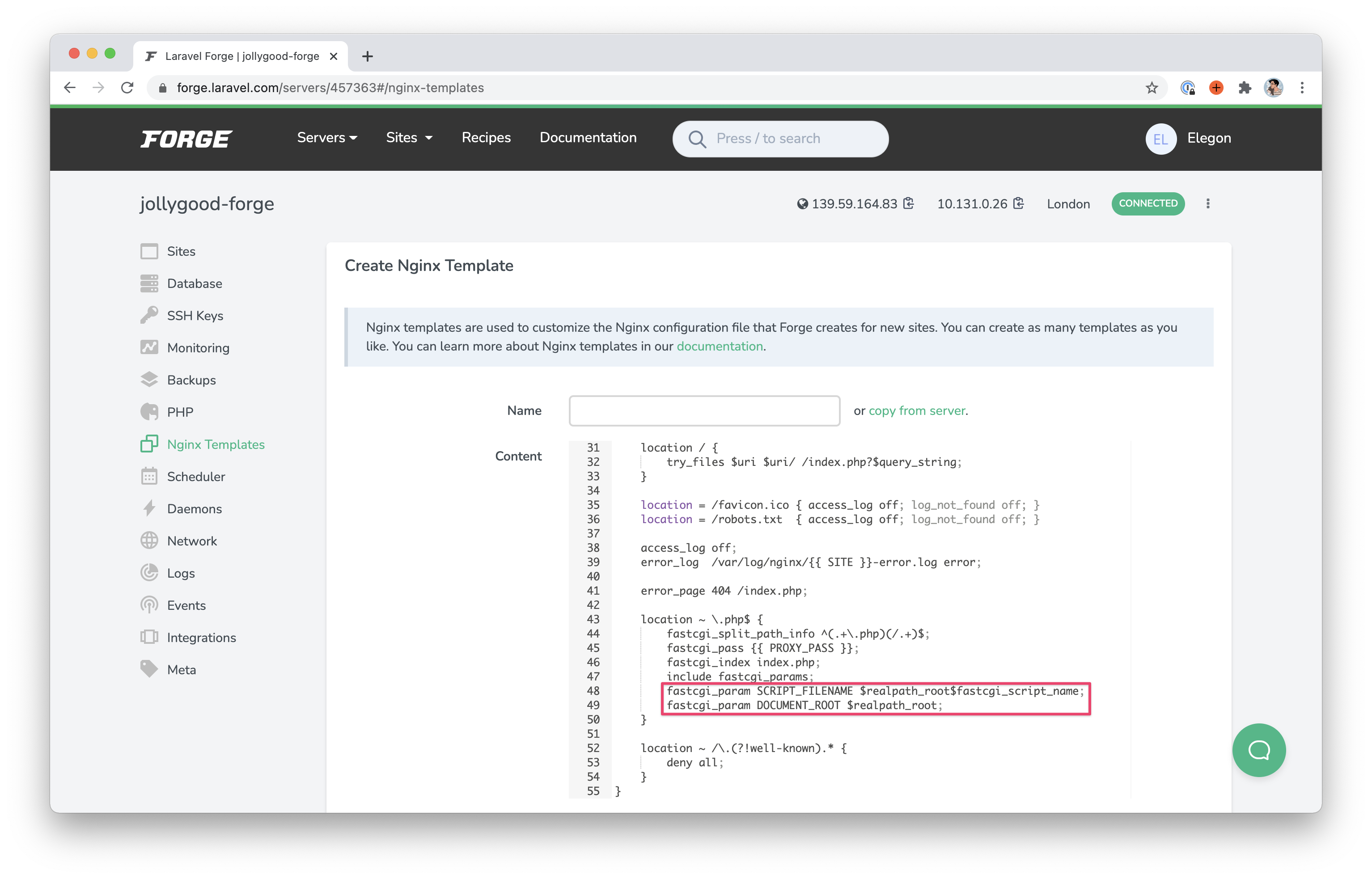 Screenshot of the &quot;Create Nginx Template&quot; page on Laravel Forge.