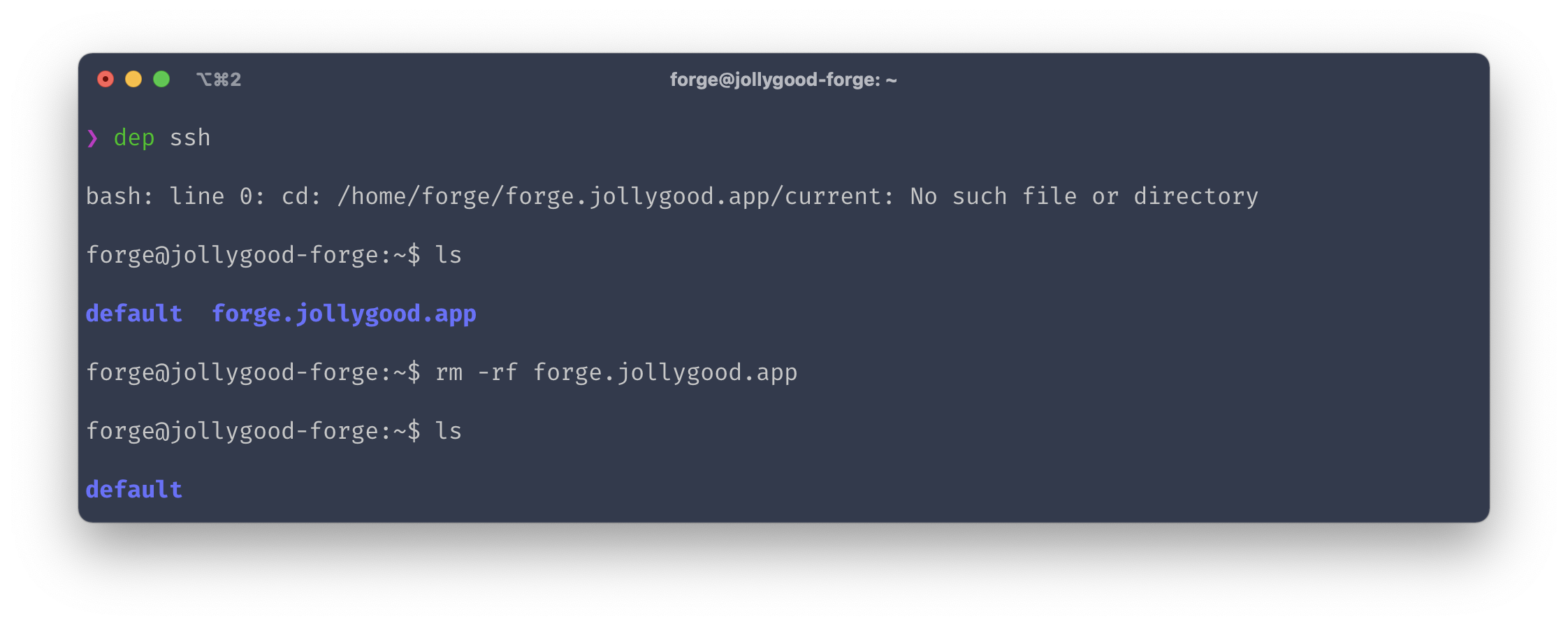 Screenshot of the terminal output of "dep ssh", "ls", "rm -rf forge.jollygood.app", "ls".