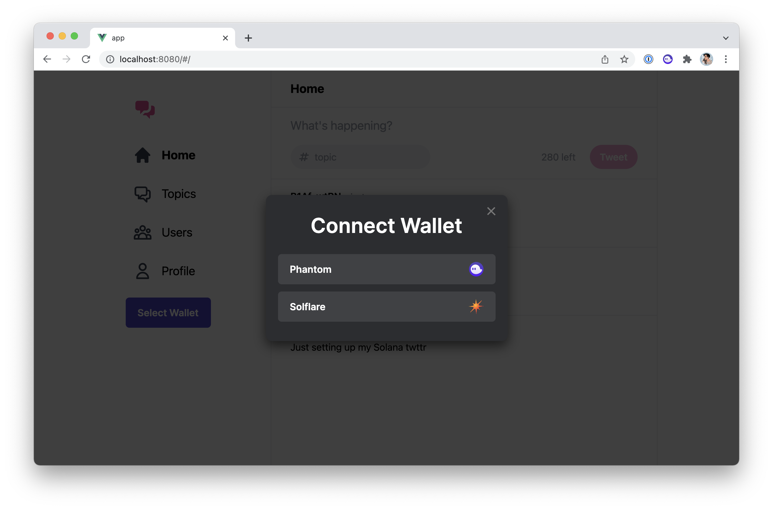 Screenshot of the application with the "Connect Wallet" modal opened.