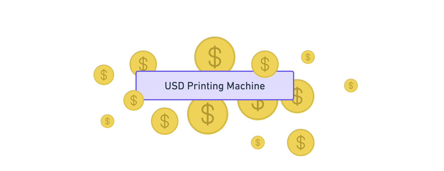 Diagram with only one rectangle node labeled “USD Printing Machine” with lots of US dollar coins scattered around it.