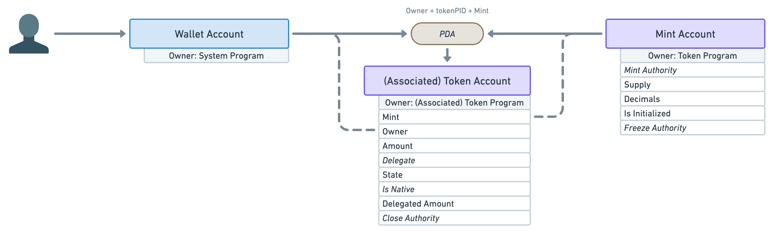 Diagram showing a user icon pointing to a wallet account which connects to a mint account through an “(Associated) Token Account”. There is now additional data available below each of these accounts. Below the wallet account reads: “Owner: System Program”. Below the token account reads “Owner: (Associated) Token Program” followed by the data attributes (one per line): Mint; Owner; Amount; Delegate (in italic); State; Is Native (in italic); Delegated Amount; Close Authority (in italic). Below the mint, the account reads “Owner: Token Program” followed by the data attributes (one per line): Mint Authority (in italic); Supply; Decimals; Is Initialized; Freeze Authority (in italic).